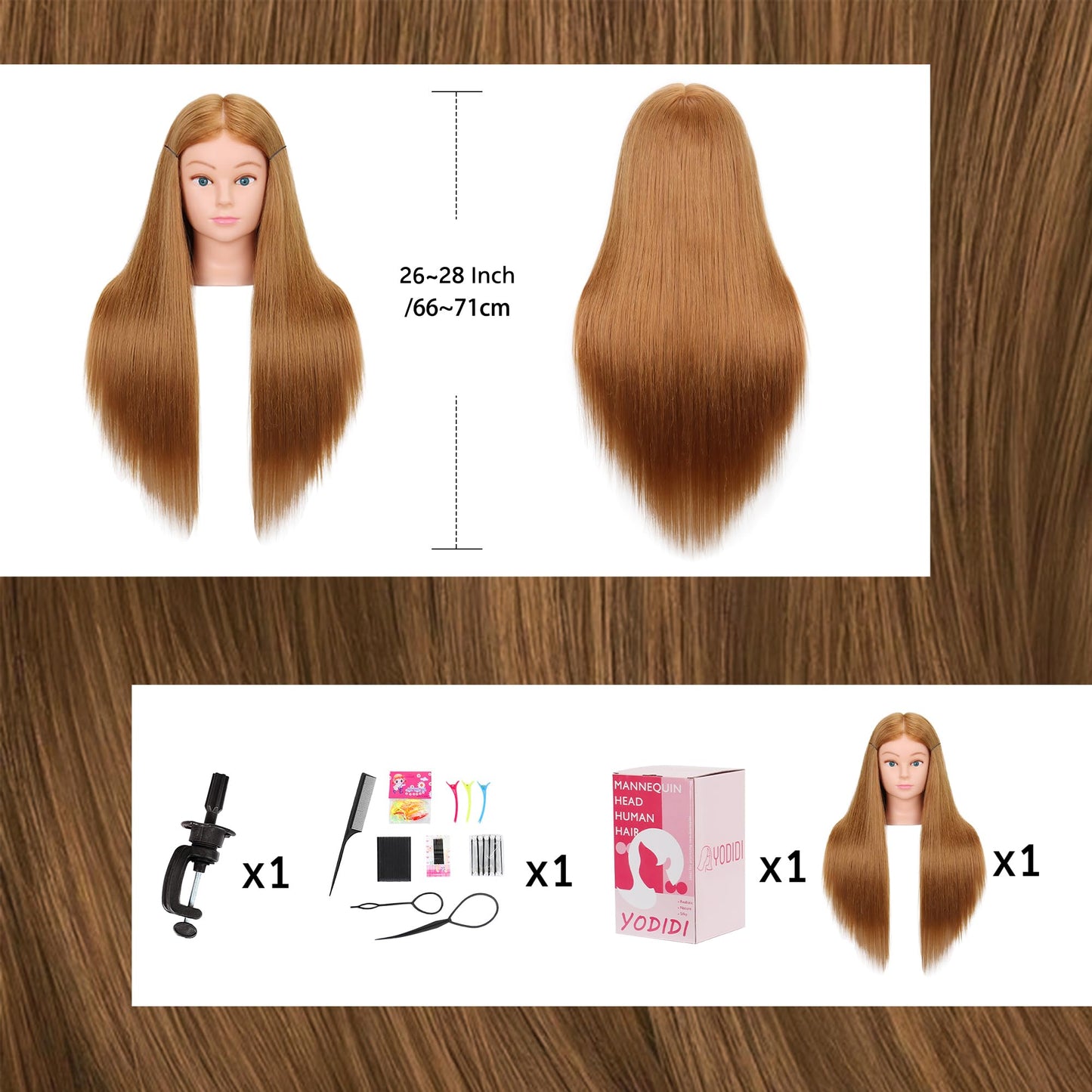 YODIDI Mannequin Head Human Hair 26""-28"" Female 80% Human Hair Mannequin Head Hair Styling Cosmetology Manikin Head Doll Head for Hairdresser with Free Clamp Holder and Tools