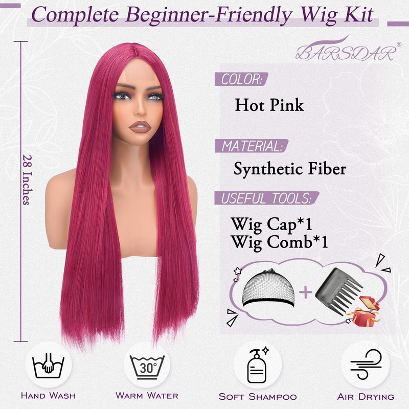 BARSDAR Long Straight Hot Pink Wig - Long Straight Middle Part Hot Pink Wigs for Women - 28 Inch Natural Looking Thick Soft Synthetic Daily Party Halloween Kpop Mira Costume Wig