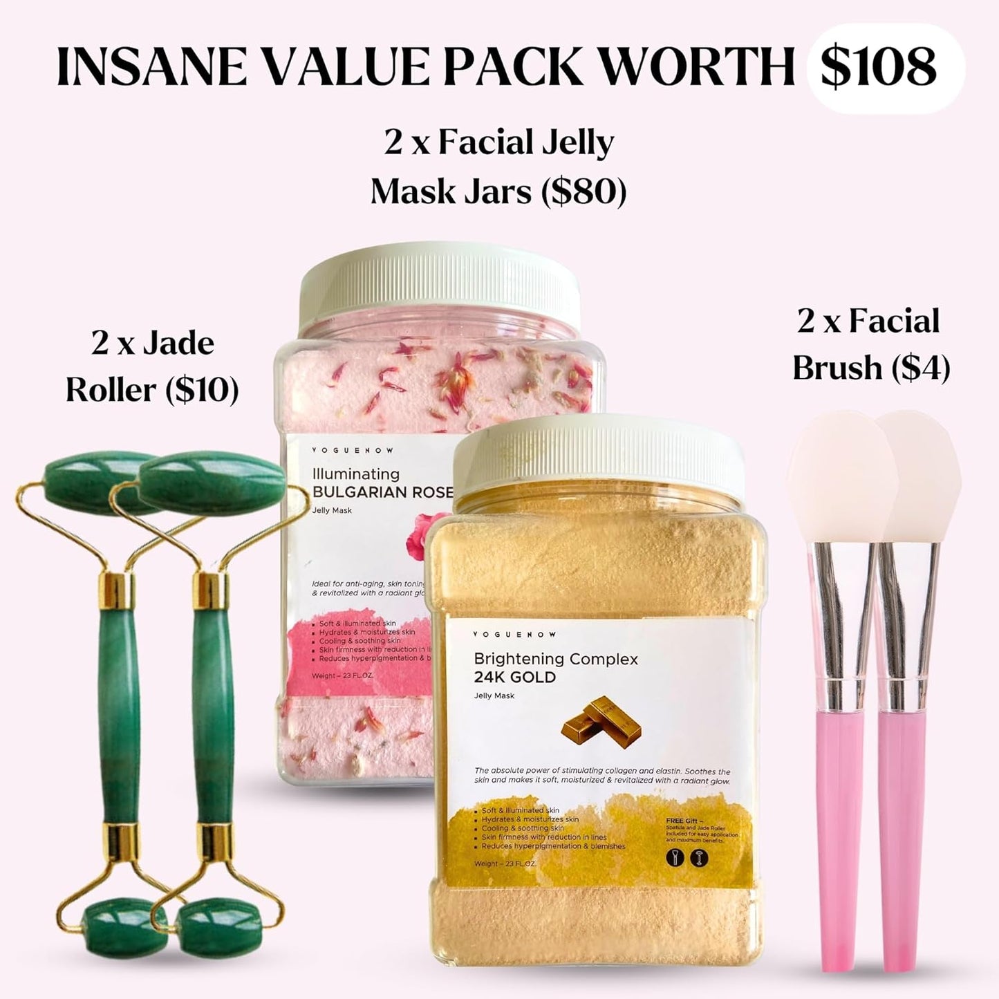 Jelly Face Mask - 24K Gold & Bulgarian Rose Hydrating Hydrojelly Masks | Pack of 2, 46 Oz Jar