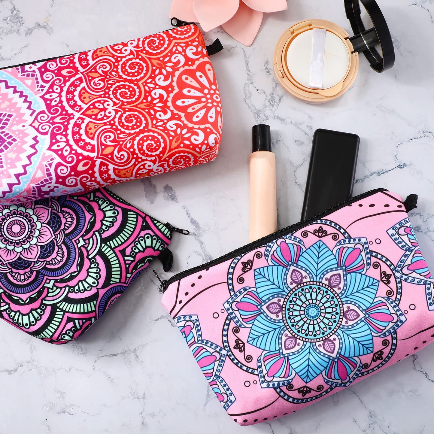 Dunzy 16 Pcs Bulk Makeup Bag for Women Gifts for Mom Canvas Cosmetic Bags with Zipper Pouches Waterproof Travel Toiletry Organizer for Girls Mother Teacher Nurse Bridesmaids (Mandala)