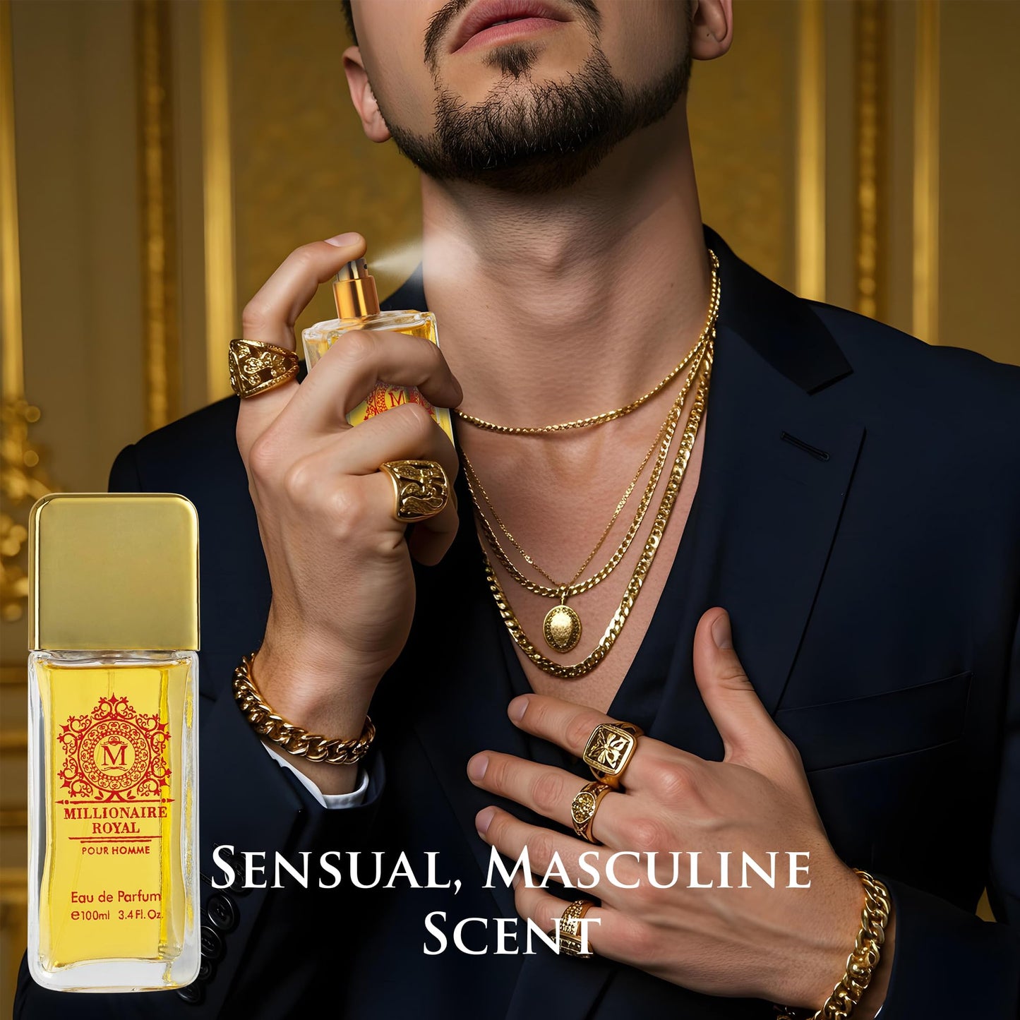 Millionaire Royal for Men - Oriental Fresh Woody Fragrance - Top Notes of Mandarin, Bergamot & Cardamom - Natural, Mild, Free of Parebens, Vegan & Cruelty-Free - Elegant 100ml Bottle, Parfume for Men