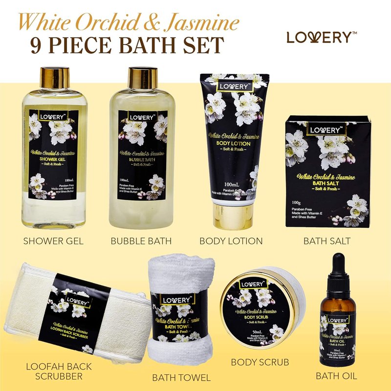 Mother's Day Gift Basket - Orchid & Jasmine Spa Set with Body Scrubs, Lotions & Oils | 9-Piece Care Package for Mom
