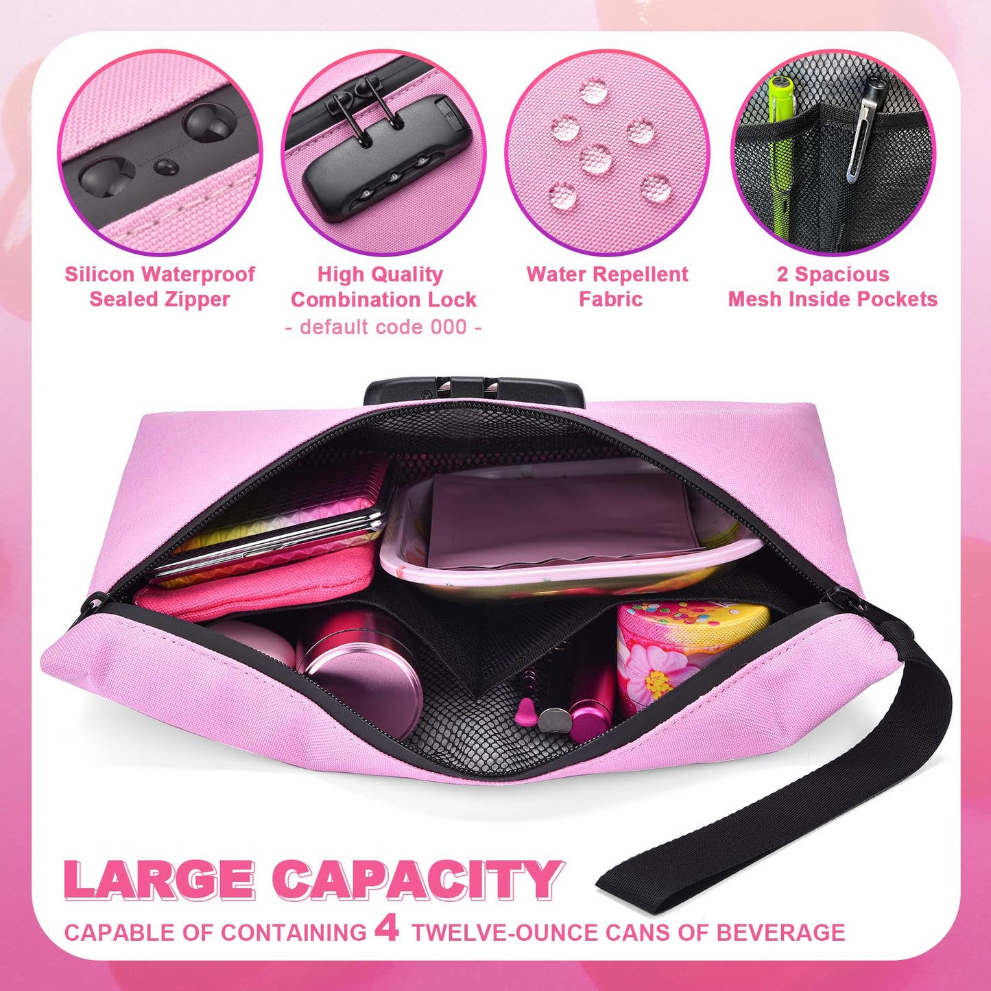 MAICHENG Smell Proof Bag with Combination Lock and 10 Accessories, Travel Medicine Odorless Storage Lock Box Case Container, Unique Design, Ideal Gift for Women, Pink