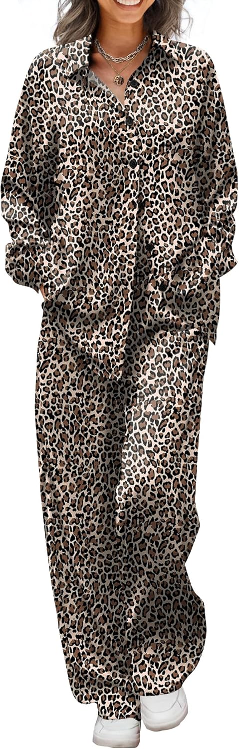 Ekouaer Women's Satin Pajama Set - Soft Silky 2-Piece Print PJs | Button Down Sleepwear with Elastic Waist Long Pants
