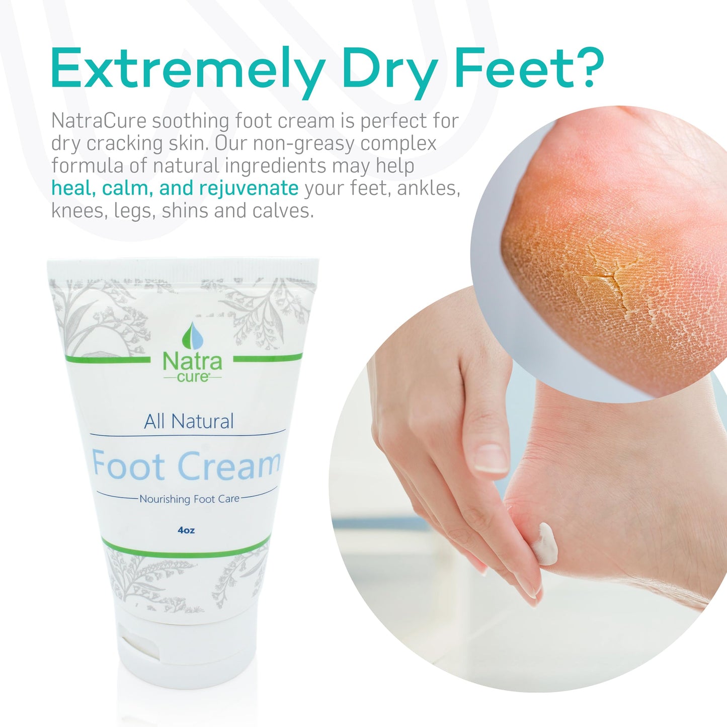 NatraCure Foot Repair Cream for Dry Cracked Heels & All Natural Foot Lotion for Dry Cracked Tired Feet Relief – Foot Moisturizer Pedicure Lotion & Foot Crack Cream for Foot Softening Treatment – 4 oz