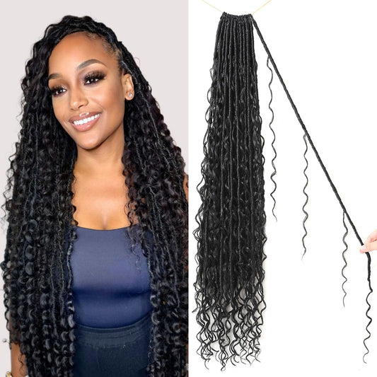 9 packs Boho Faux Locs Crochet Hair, 30 Inch, Natural Black Pre Looped Goddess Soft Locs Crochet Hair with Curly Ends, Bohemian River Locs for Black Women(1B#, 30 Inch)