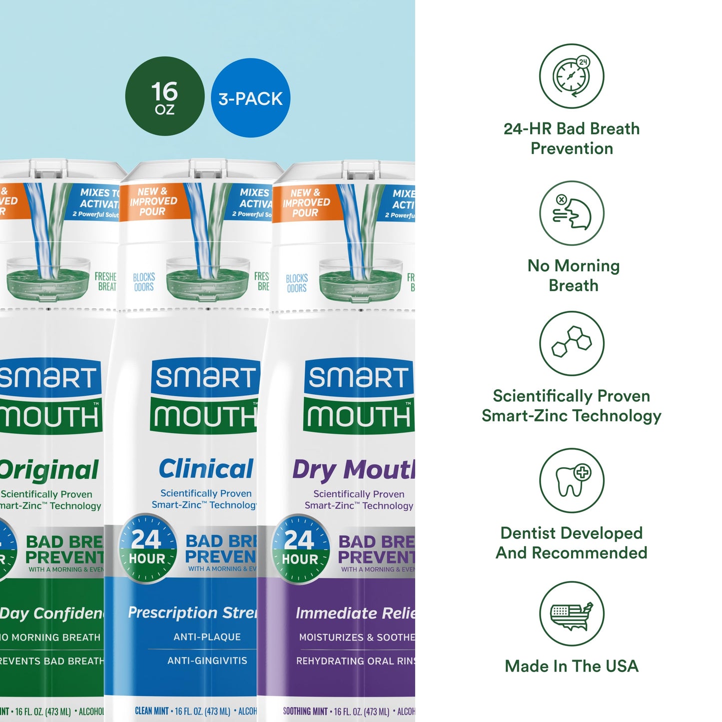 SmartMouth Original, Clinical & Dry Mouth Zinc Activated Mouthwash Bundle - Instant Fresh Breath, Healthy Gum Support & Dry Mouth Relief - Sugar, Gluten & Alcohol-Free - Mint - 16 fl oz Each