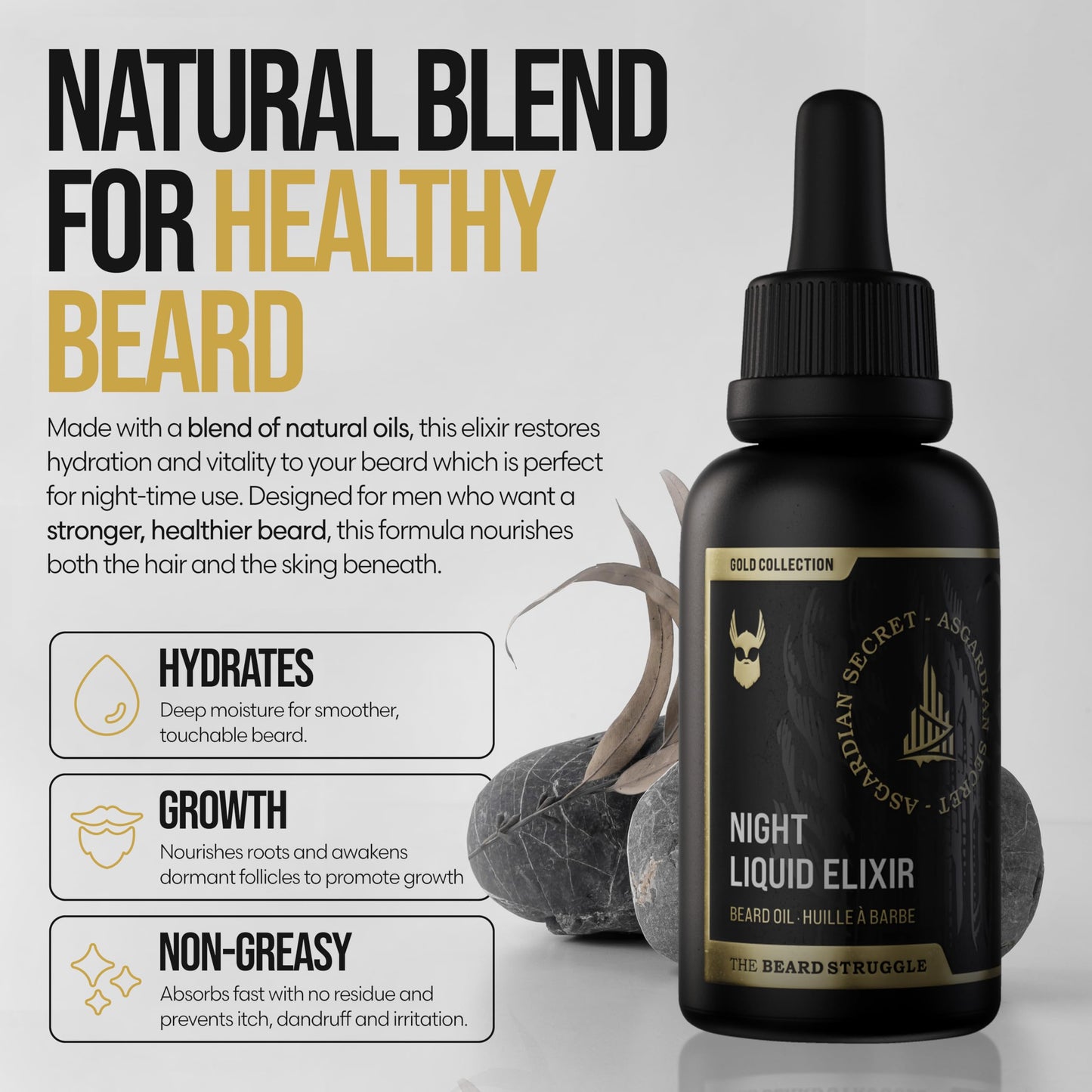 The Beard Struggle - Beard Growth Oil - Asgardian Secret, Gold Collection (1 Fl oz) - Night Liquid Elixir - Beard Oil for Men - Softens, Moisturizing, & Healthier Beard Growth