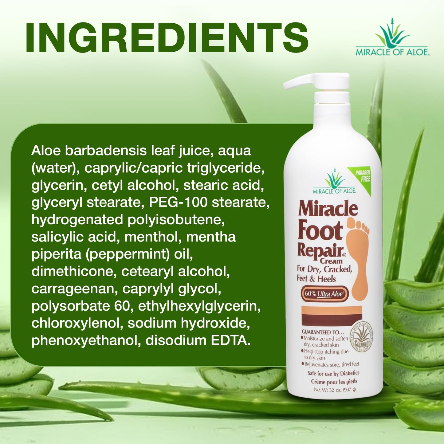 Miracle Foot Repair Cream (32 oz) Repairs Dry Cracked Heels and Feet, 60% Pure UltraAloe Moisturizes, Softens, and Repairs