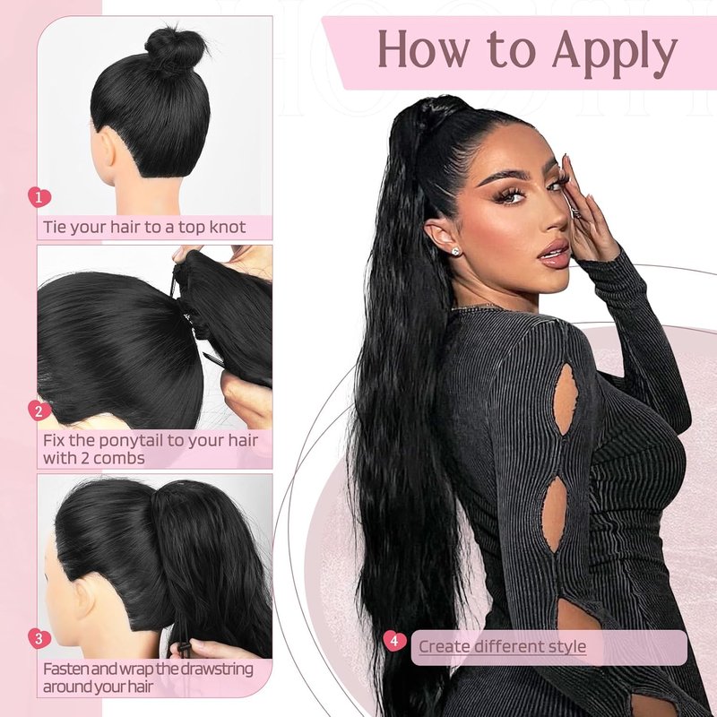 Ponytail Extension - 34 Inch Extra Long Wavy Drawstring Hairpiece | Soft Synthetic Fiber in Black Brown