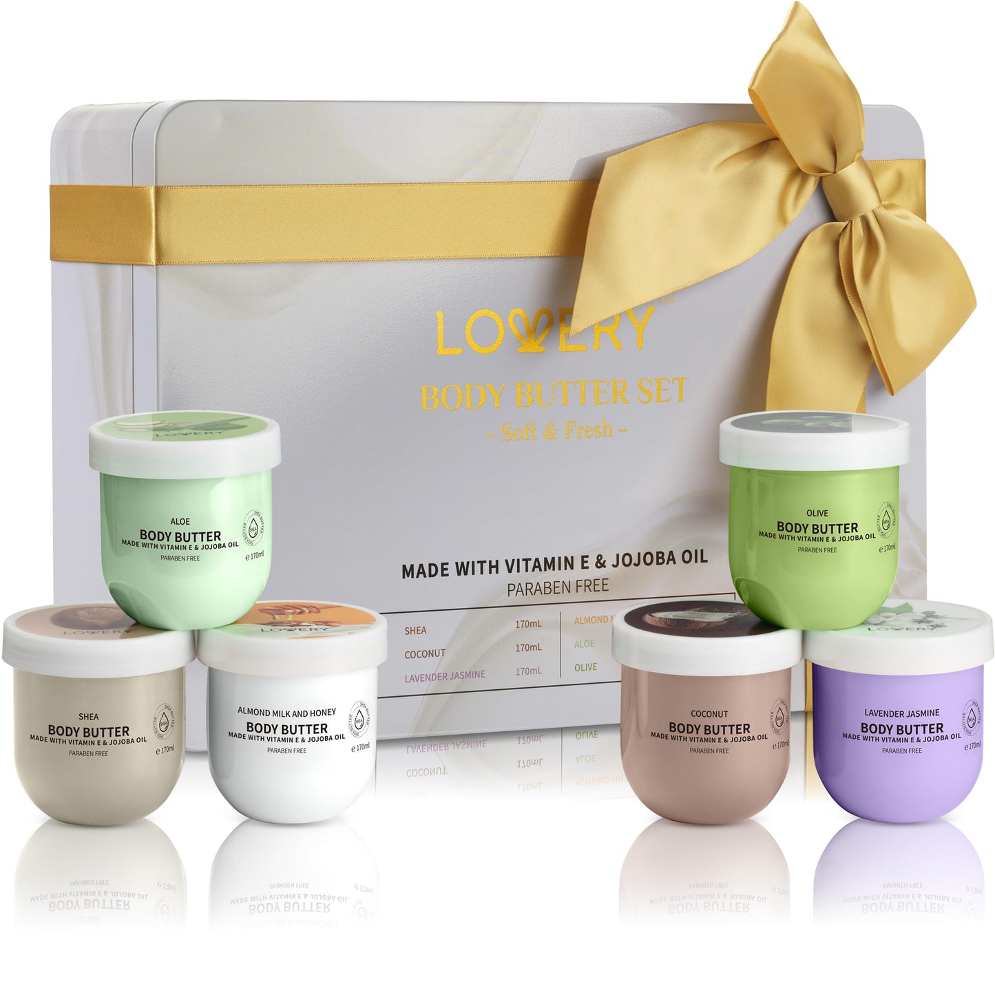 Body Butter for Women Gift Set – 6 Whipped Body Creams W Shea Butter, Jojoba Oil & Vitamin E, Deep Moisturizing Body Lotion Collection, Coconut, Aloe, Olive, Shea, Lavender Jasmine, Almond Milk Honey