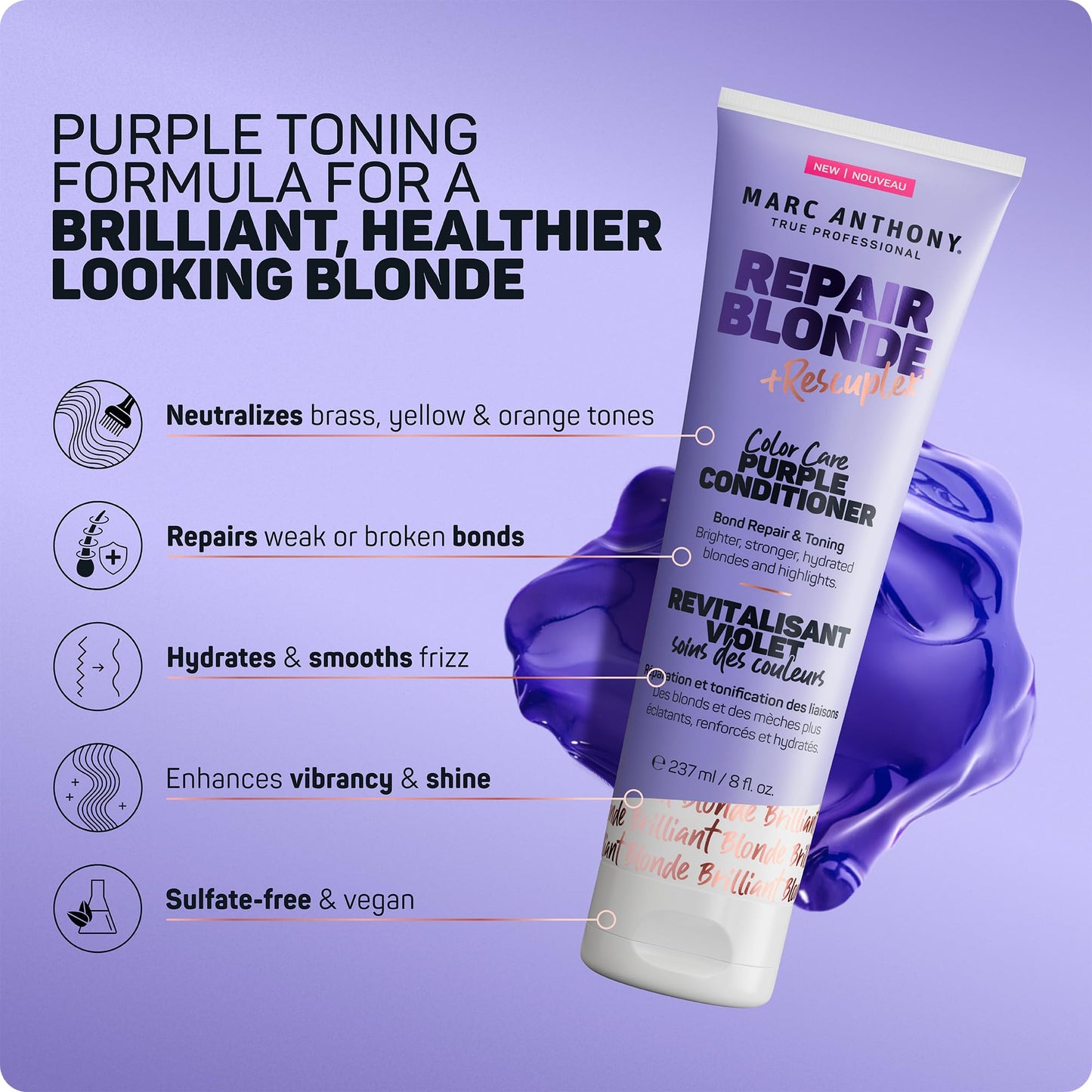 Marc Anthony Bond Repair Purple Hair Conditioner for Blonde & Grey Hair, Blonde Repair - Color-Safe Toning Hair Conditioner Neutralizes Yellow, Brassy Tones & Repairs Weak Broken Bonds