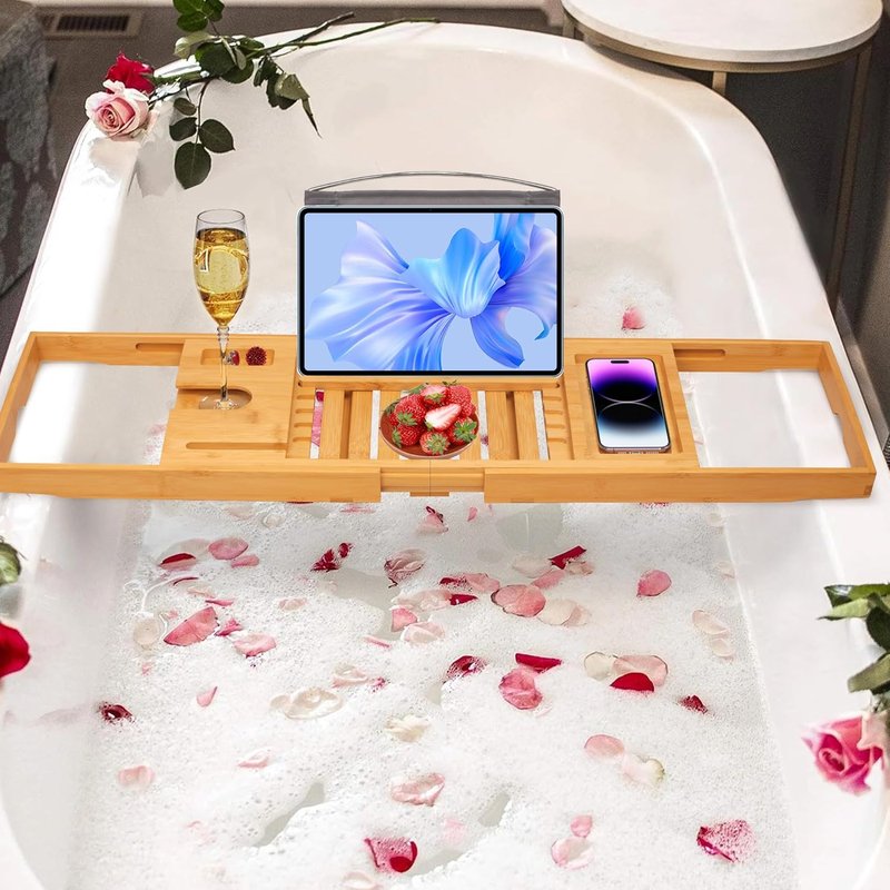 Luxury Bathtub Caddy Tray - Foldable Bamboo Bath Table with Book & Wine Glass Holder | Expandable Spa Accessory