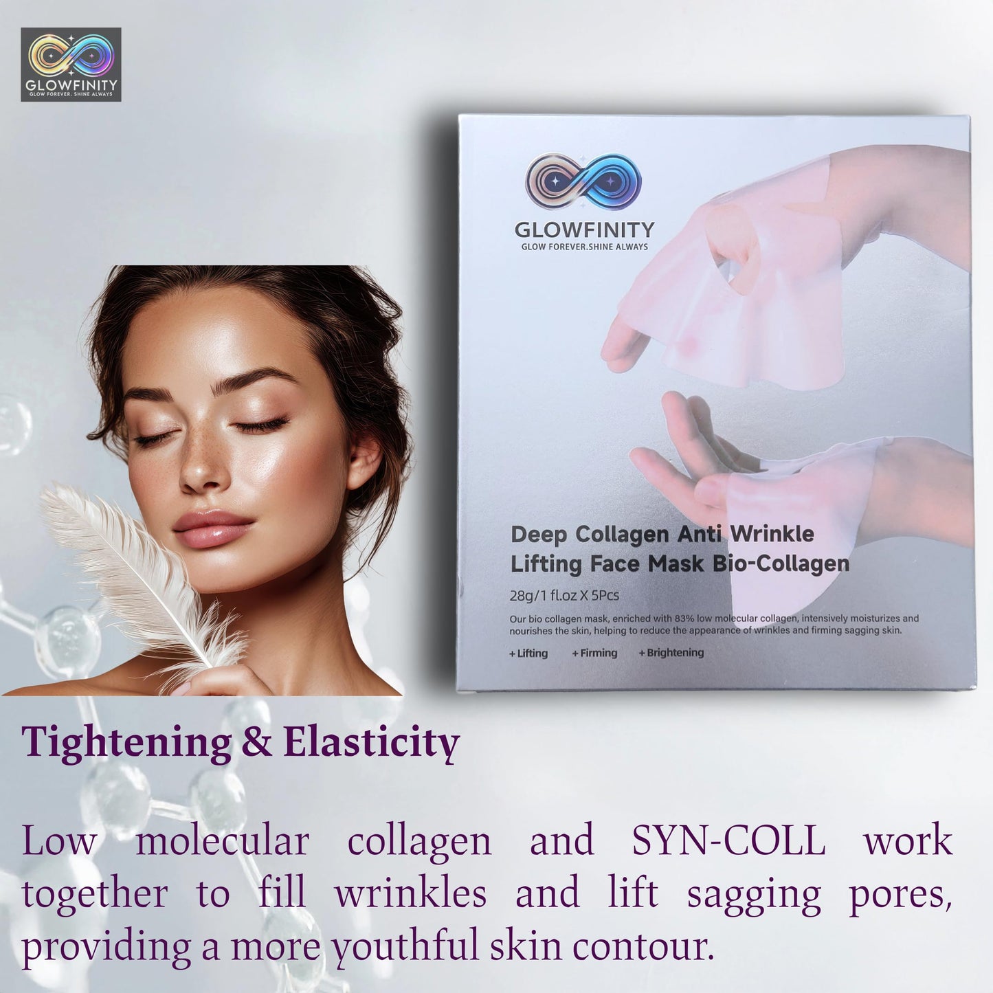 GLOWFINITY - Deep Collagen Korean Skin Care Anti Wrinkle Lifting Face Mask Bio-Collagen Real Deep Mask, Hydrating Overnight Collagen Face Mask for Lifting, Firming and Moisturizing (5pcs/1 Box)