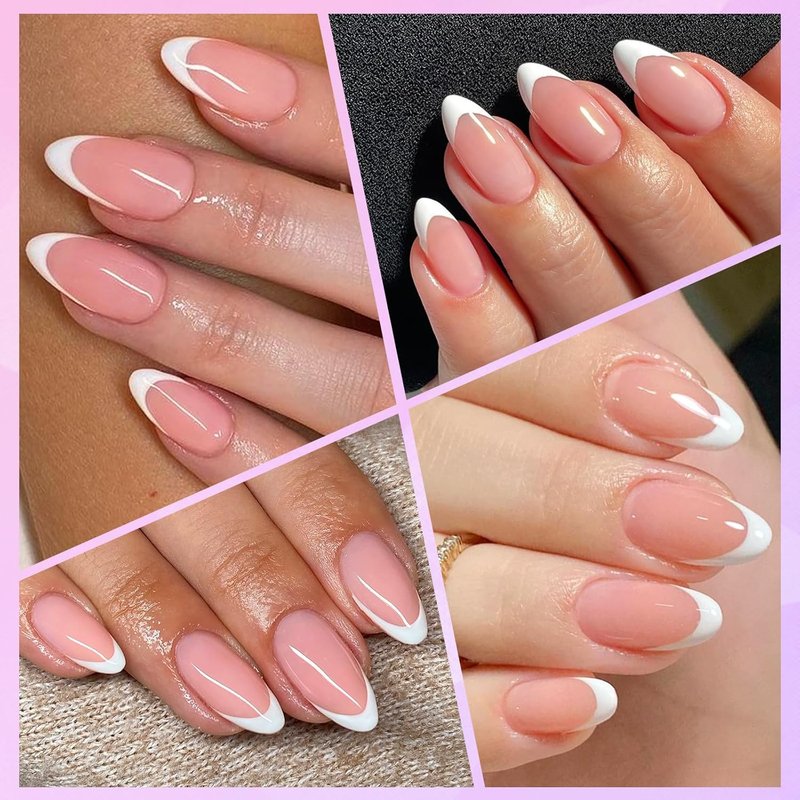 French Tip Press-On Nails - 216PC Medium Pink Almond Acrylic Set with Adhesive Tabs | Stylish Fake Nails