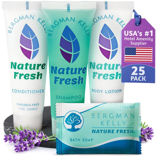 Bergman Kelly Hotel Toiletries Bundle (Nature Fresh, 1 oz each, 100 Pieces) 4-Piece Set: 25 Rectangular Bar Soap, 25 Shampoo, 25 Conditioner & 25 Body Lotion - Bulk Mini Guest Amenities