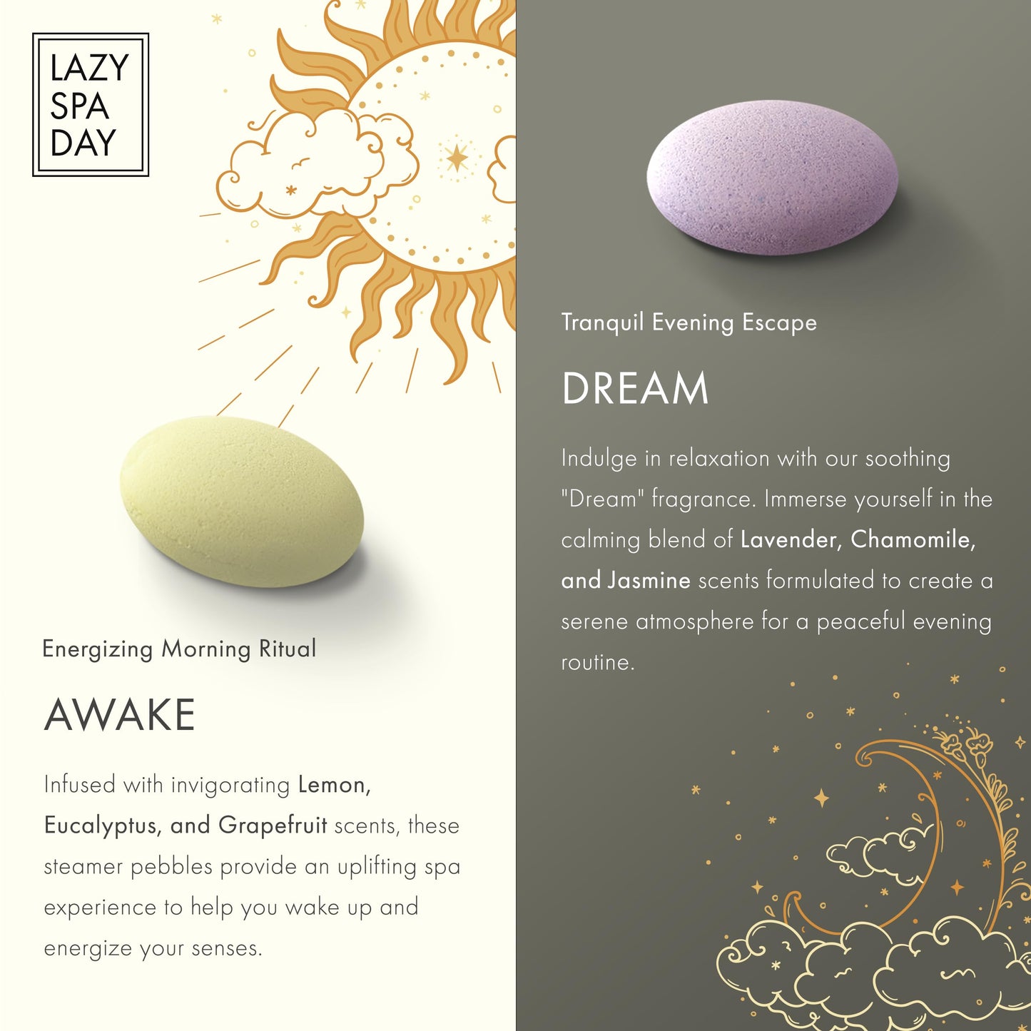 Lazy Spa Day - Energize with Awake: Lavender, Chamomile, Jasmine. Relax with Dream: Lemon, Eucalyptus, Grapefruit. 10-Piece Shower Steamer and Shower Bombs Aromatherapy Gift Set with Burlap Bag