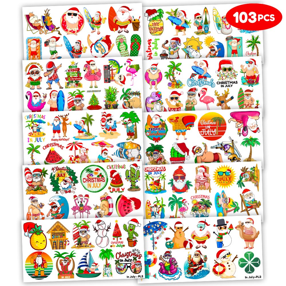 Christmas Santa Temporary Tattoos - 103 PCS Hawaiian Beach Party Supplies | Fun Gifts for Kids