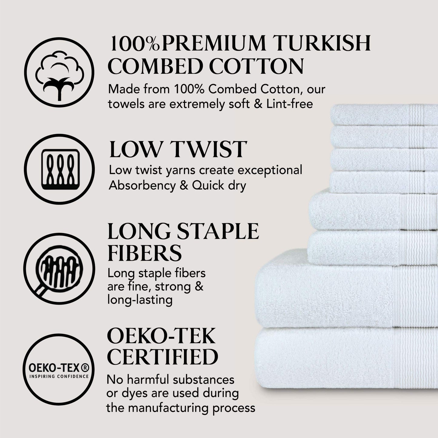 DecorRack 8 Piece Towel Set, Cotton, Highly Absorbent, Super Soft, Quick Dry, 4 Washcloths (13"x13"), 2 Bath Towels (27"x54"), and 2 Hand Towels (16"x28"), White (Set of 8)