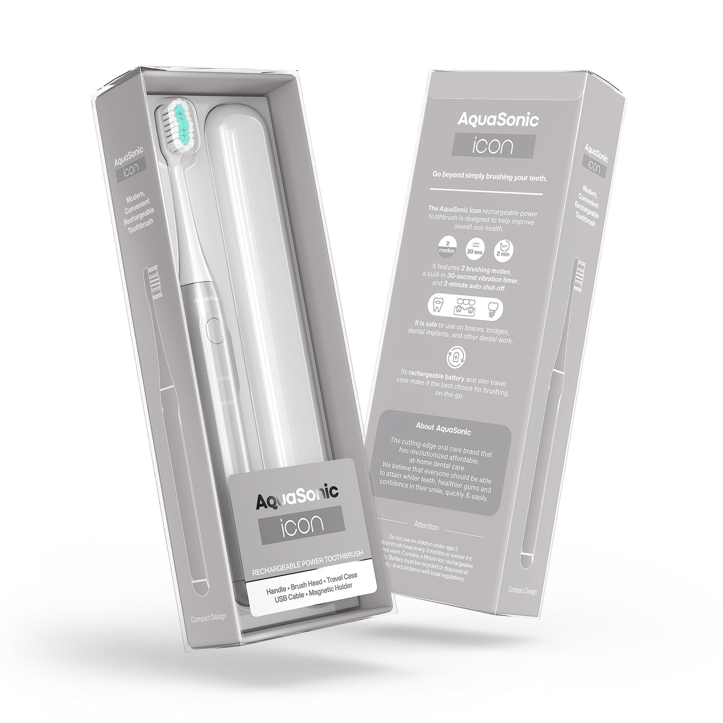 Aquasonic Icon ADA-Accepted Rechargeable Toothbrush | Magnetic Holder & Slim Travel Case | 2 Brushing Modes & Smart Timers | Gentle Micro-Vibrations (Stone)