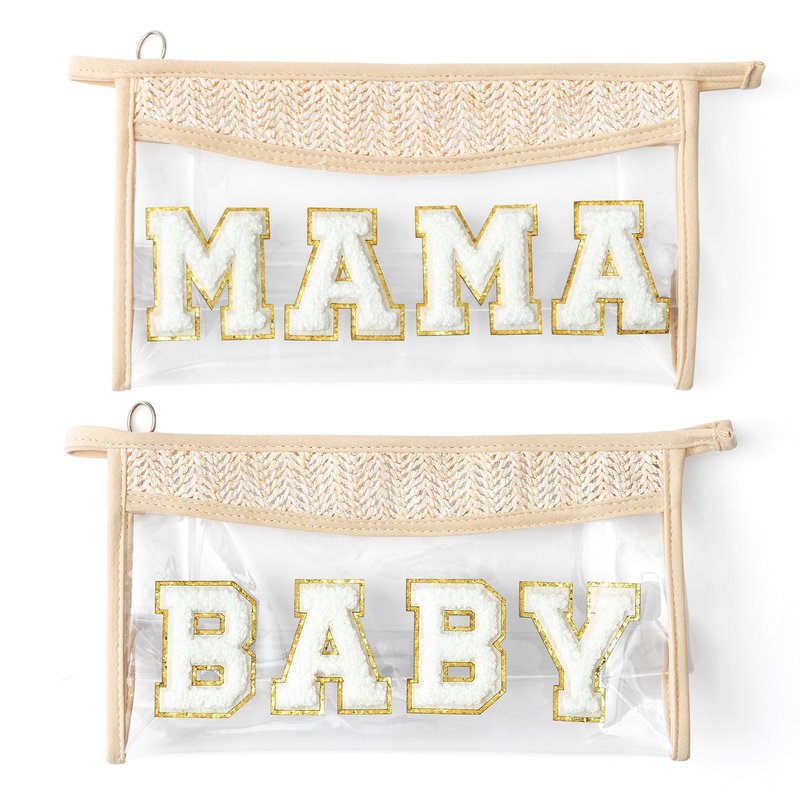 Belanttega Boho Patch Cosmetic Bag, Mother's Day MAMA BABY Chenille Varsity Letter Travel Toiletry Makeup Bag Summer Beige Clear Waterproof Makeup Pouch PVC Zipper Clutch Daily Use Purse for Mom Women