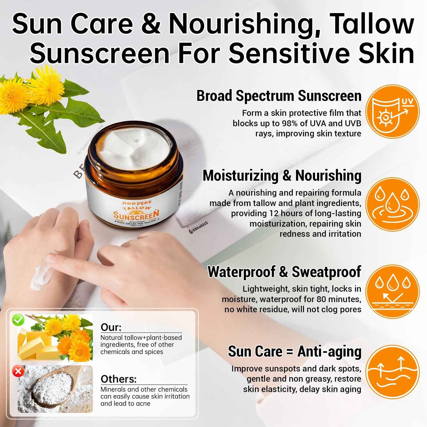 Beef Tallow Sunscreen SPF 50 For Face & Body, 2 PCS Natural & Organic Tallow Sun Balm With Zinc, Hyaluronic Acid For Sensitive Skin, Broad Spectrum, Moisturizing, Reef Safe, No White Residue