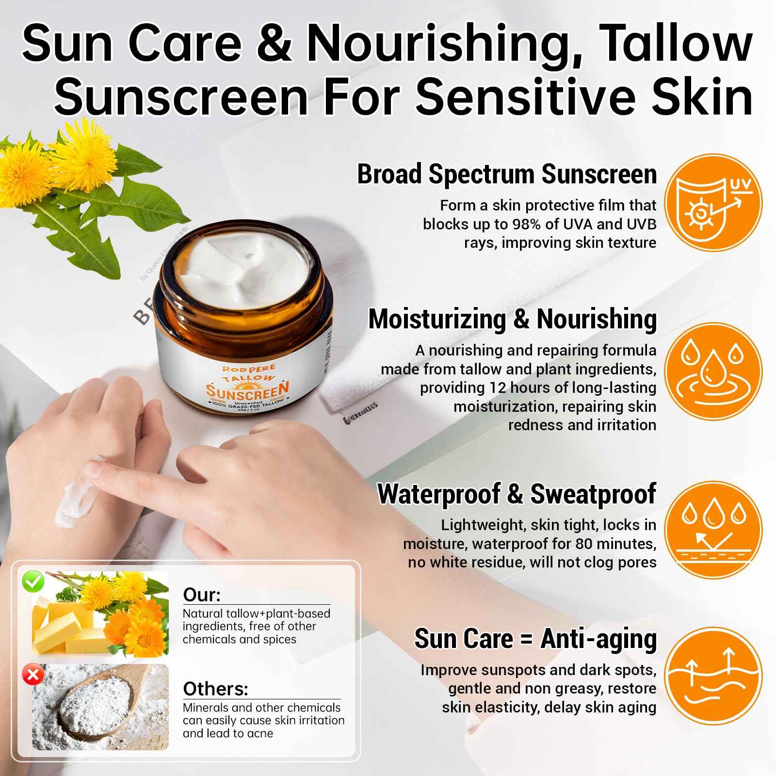 Beef Tallow Sunscreen SPF 50 For Face & Body, 2 PCS Natural & Organic Tallow Sun Balm With Zinc, Hyaluronic Acid For Sensitive Skin, Broad Spectrum, Moisturizing, Reef Safe, No White Residue