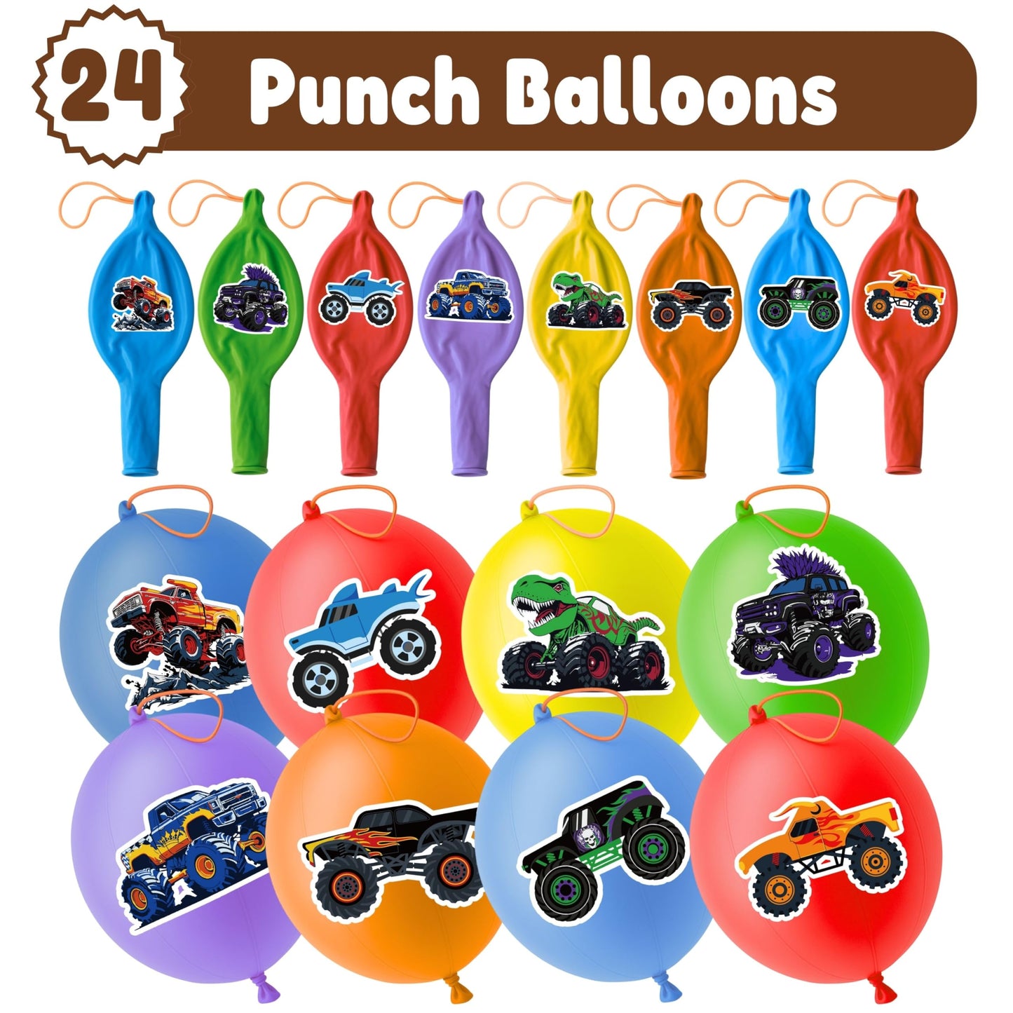 72 PCS Monster Truck Party Favors – 48 Pre-Cut Temporary Tattoos & 24 Punch Balloons Themed Birthday Party Decorations Supplies Favors Gifts Goodie Bag Fillers Classroom Rewards for Boys Girls