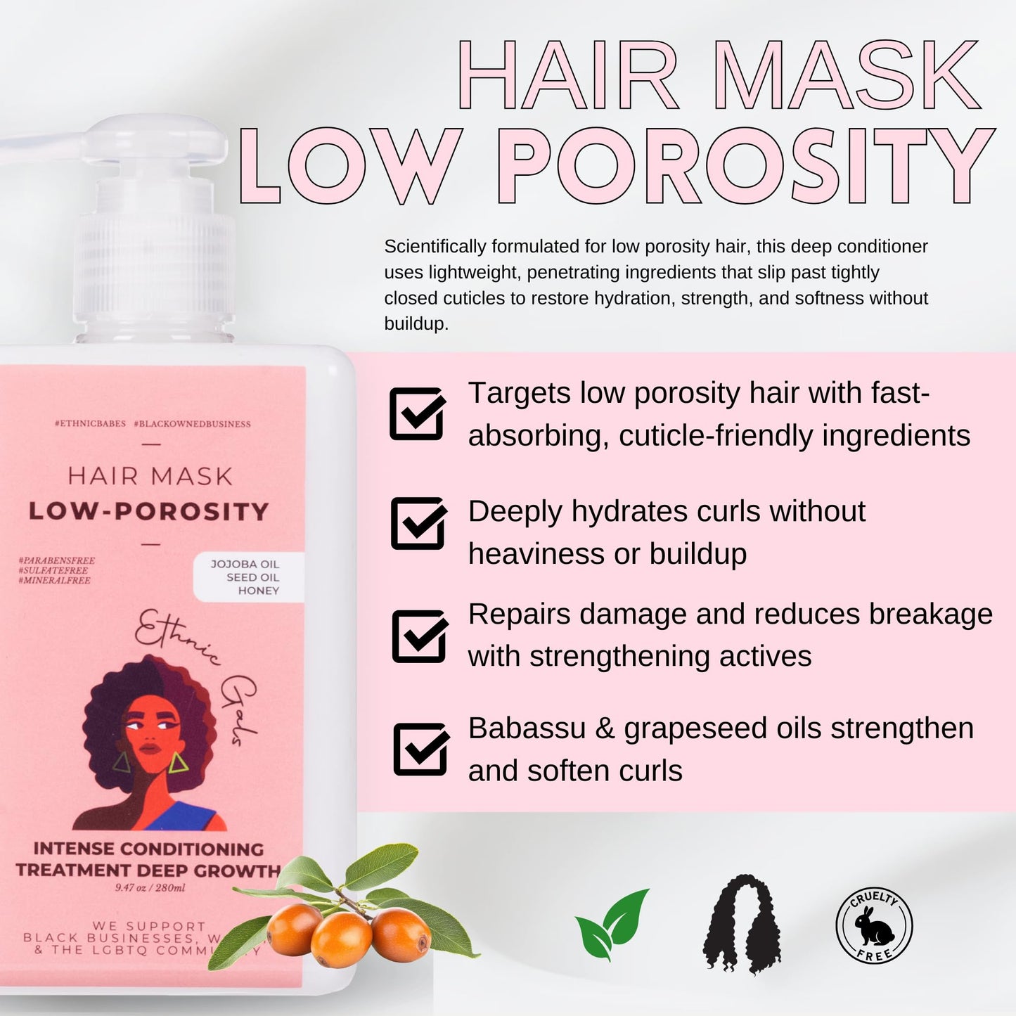 Low Porosity Hair Mask - Elasticity Repair & Strand Strengthening Deep Conditioner That Penetrates Without Buildup, for Curly Coily 3C 4C Natural Hair, 9.5 fl oz