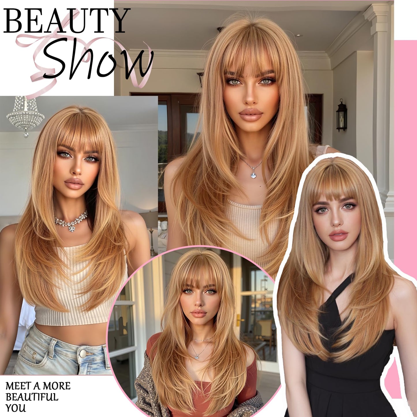 Lisook Strawberry Blonde Wig with Bangs Long Straight Wigs for White Women Layered Wig Synthetic Natural Hair Wigs for Women Hair Replacement Wig Realistic for Cosplay Holiday Daily Party Use 24 Inch