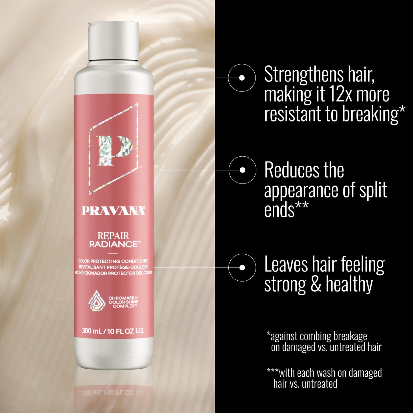 Pravana Repair Radiance Conditioner | Restores, Moisturizes, Nourishes | For Damaged, Color Treated Hair | Reduces Breakage & Split Ends | Chromasilk Enhances Shine & Protection | Vegan | 33 Fl Oz