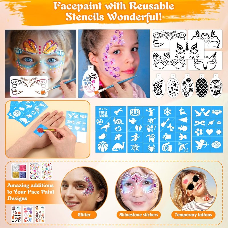 Face Painting Kit - 12x10g Water-Based Split Cake Palette with Stencils & Glitter Crayon | Ideal for Kids & Adults, Perfect for Parties & Events