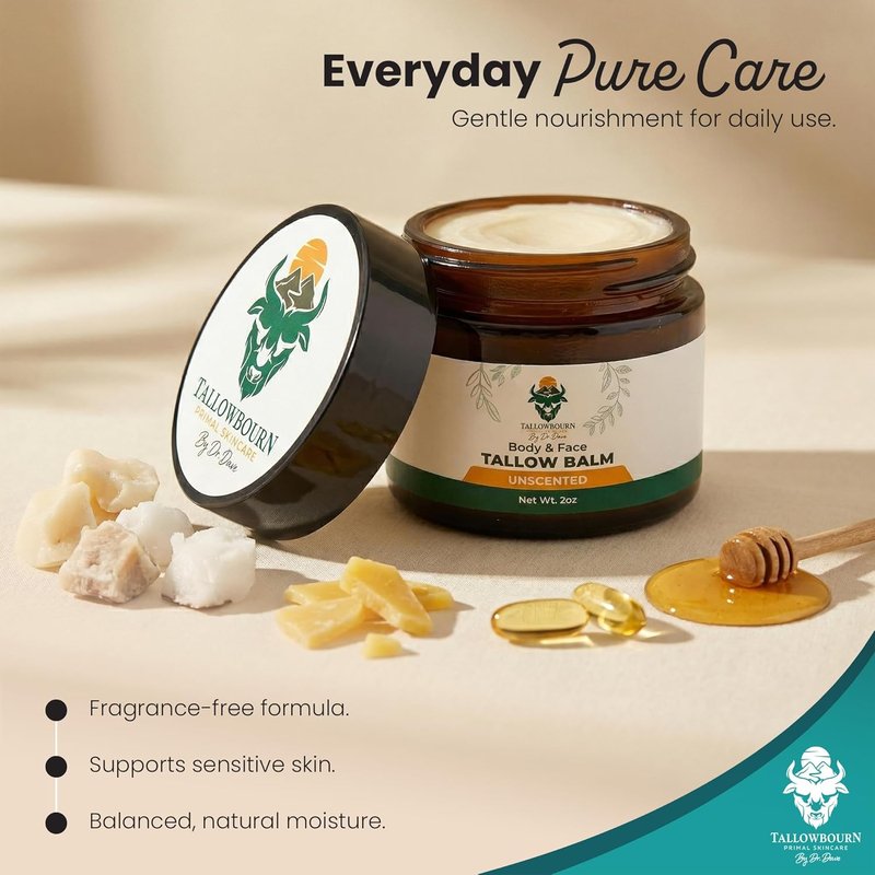 Grass-Fed Beef Tallow Balm - Nourishing Moisturizer with Shea Butter & Jojoba Oil | Unscented 2 oz for Dry Skin