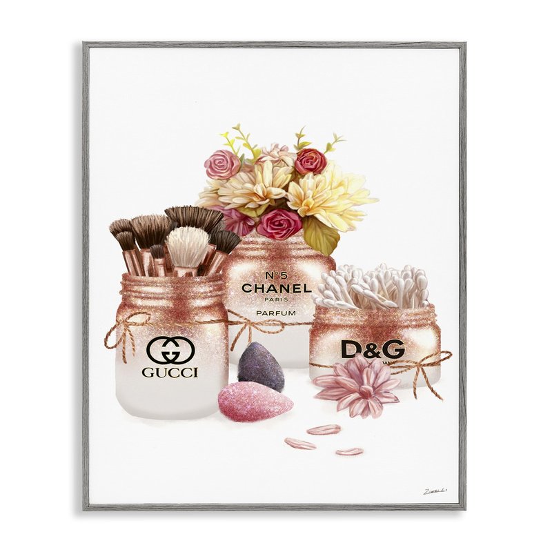 Stupell Industries 'Fashion Cosmetic Jars and Floral Bouquet', Framed Giclee Art, Gray, 11 x 14 Inches, Easy to Hang and Sturdy, Made in USA, by Ziwei Li