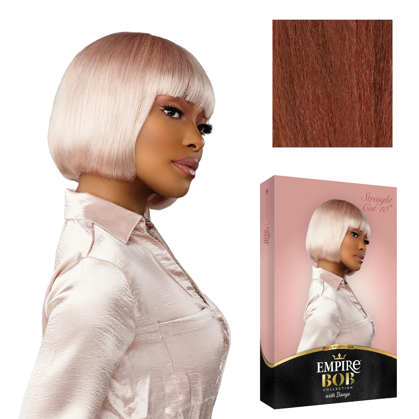 Sensationnel Empire Bob Humanhair Wig - Straight Cut Face Framing Mesh Cap for Comfort With Bangs (10 inch, BLEACHEDBLONDE)