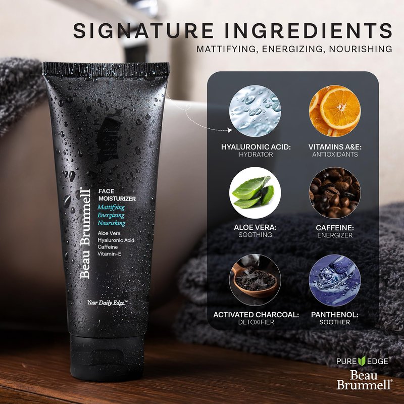 Beau Brummell for Men Matte Finish Face Moisturizer | Fast Absorbing, Lightweight Face Lotion with Vitamins A+E, Aloe Vera & Caffeine | Anti-aging, For Dry or Oily Skin | 4 OZ Tube | Made In America
