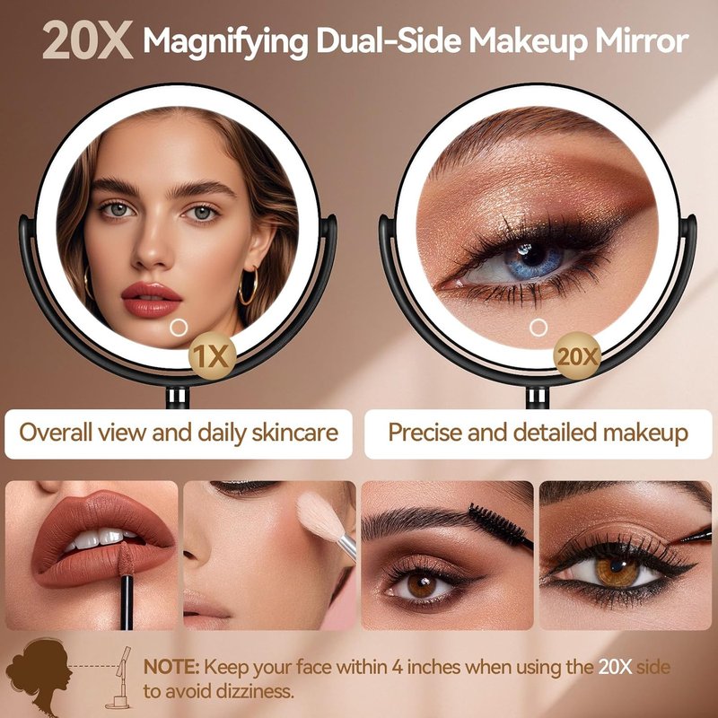 Shinowa Makeup Mirror - 1X/20X Lighted Magnifying Vanity Mirror with Storage & 3 Color Lights | Adjustable Height, 360° Rotation, Rechargeable, Black