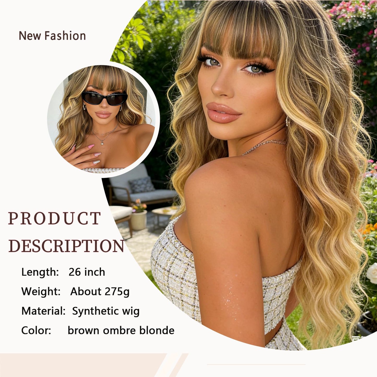 Ombre Blonde Wig with Bangs Long Wavy Wig Curly Wigs for White Women 26 Inches Synthetic Wig Dirty Blonde Wig with Dark Roots Natural Looking Hair Replacement Wigs for Women Holiday Daily Party Use