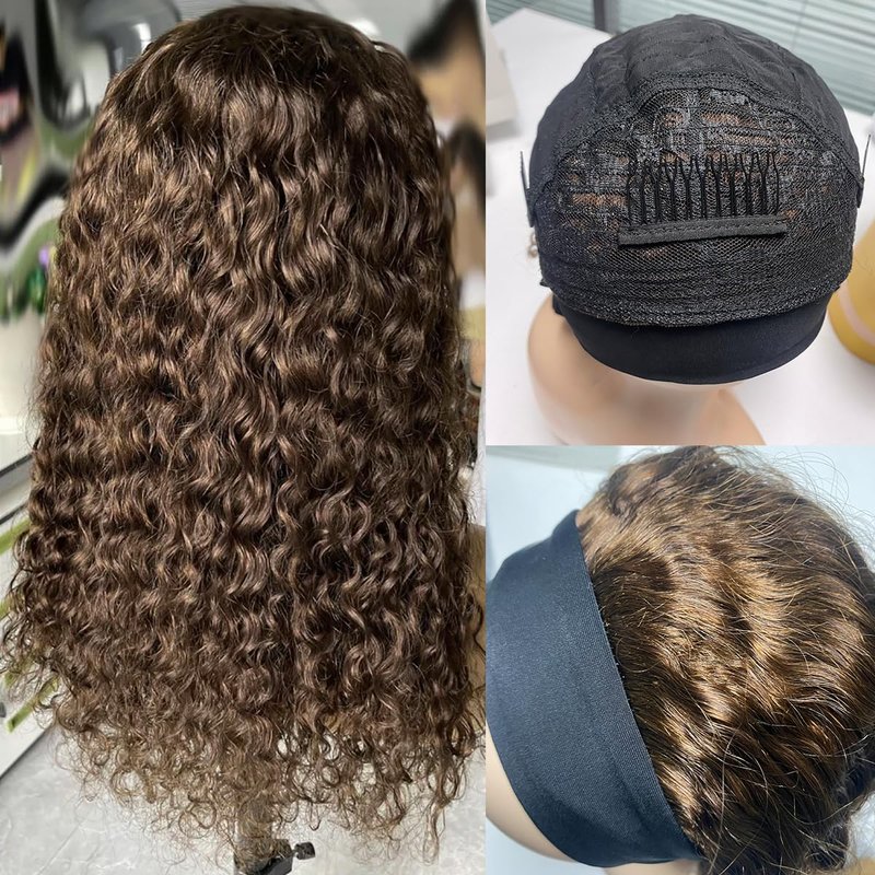 XSY Deep Wave Headband Wig Human Hair Chocolate Brown #4 Colored Curly Headband Wigs for Black Women Glueless No Lace Front Wigs Brazilian Virgin Hair 150% Density 12 Inch