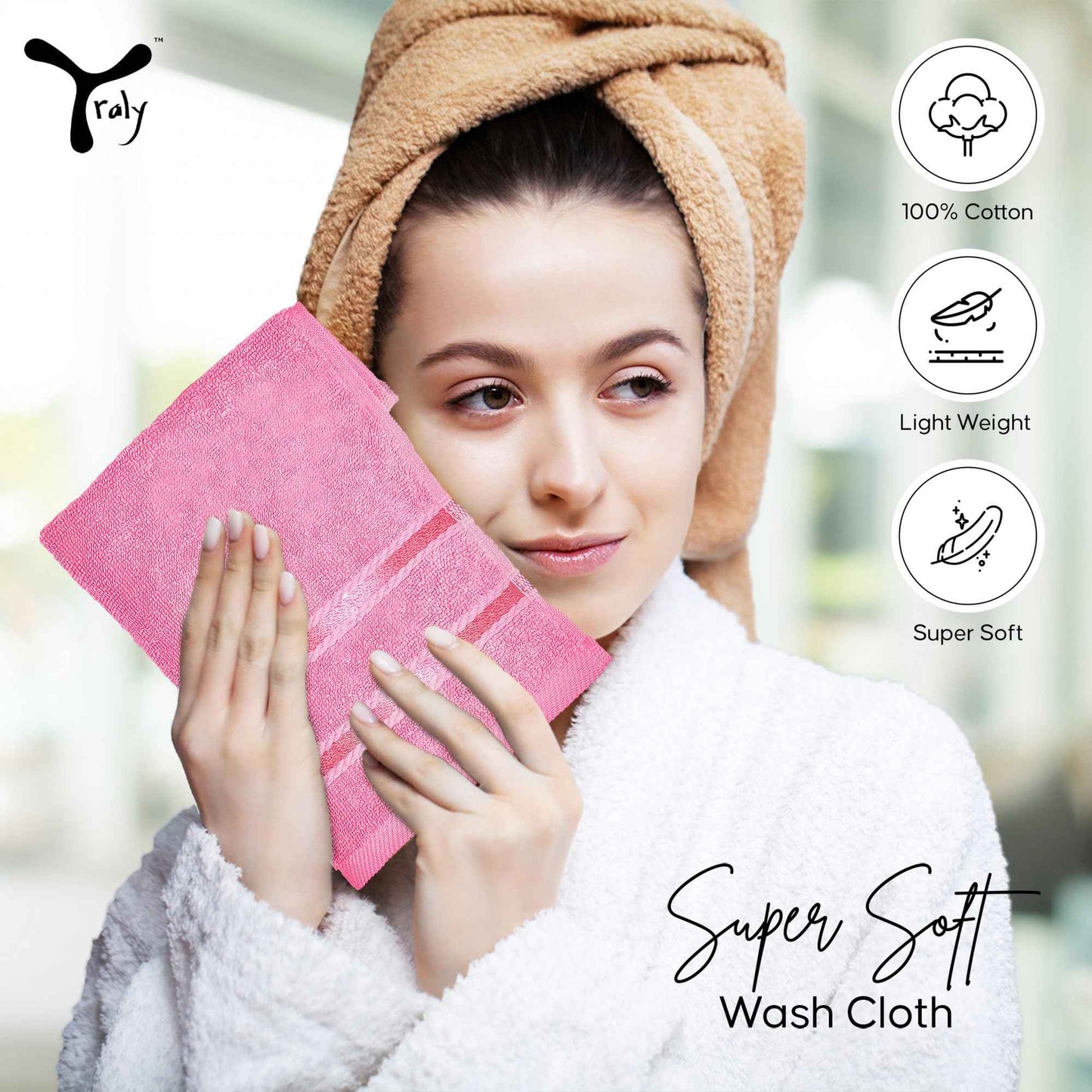 YRALY Luxury Wash Cloths 12 Pack |13x13 Inch | 600 GSM | 100% Ring Spun Cotton Washcloths for Body and Face – Soft and Absorbent Face Towels for Bathroom, Hotel, Spa, Gym (Pink)