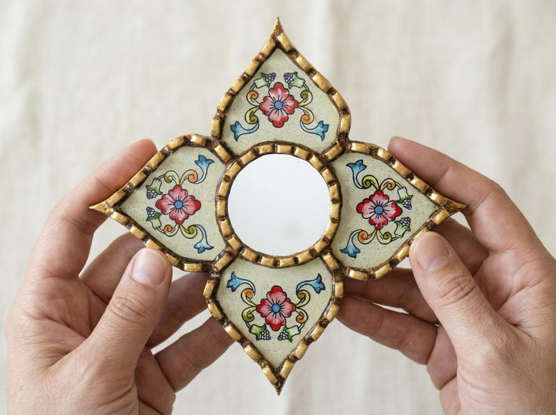 DecorContreras Small Peruvian Mirror, Handmade Artisan Mirror Wall Decor, Reverse Painted Glass Diamond Shape Mirrors 8.26" (Beige)