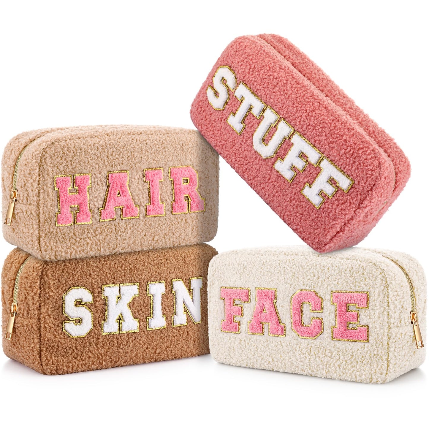 Paterr 4 Pcs Chenille Letter Preppy Patches Makeup Pouch Bag Plush Fuzzy Makeup Pouch Hair Skin Face Stuff Bag Cute Cosmetic Purse Zipper Travel Toiletry for Wedding Birthday Gifts(Pink Brown Colors)