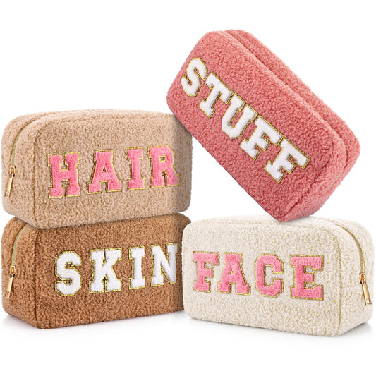 Paterr 4 Pcs Chenille Letter Preppy Patches Makeup Pouch Bag Plush Fuzzy Makeup Pouch Hair Skin Face Stuff Bag Cute Cosmetic Purse Zipper Travel Toiletry for Wedding Birthday Gifts(Pink Brown Colors)