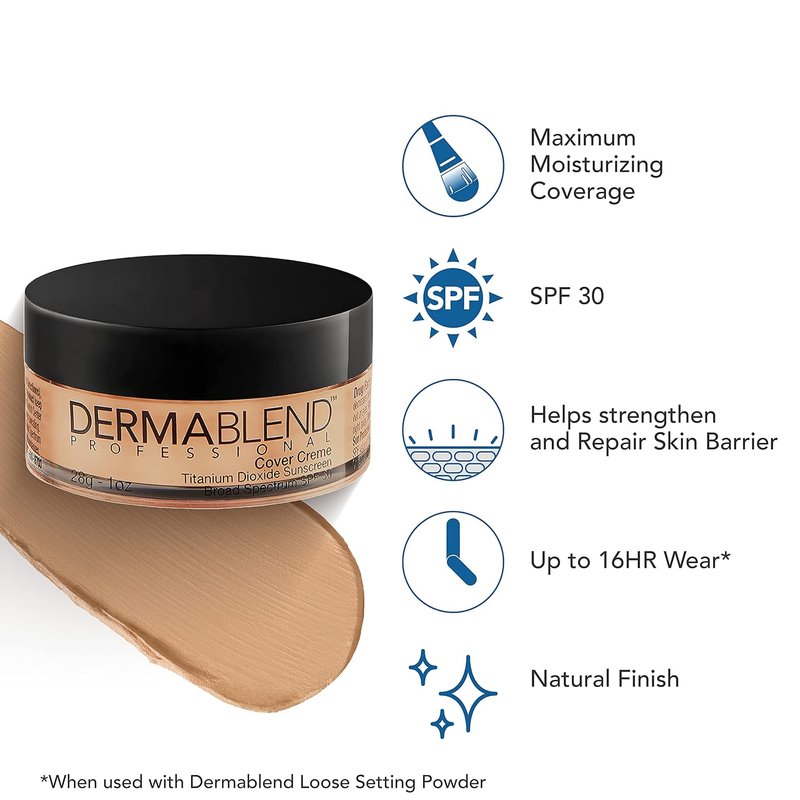 Dermablend Cover Crème - Full Coverage Foundation Makeup | Hydrating Cream Concealer for Dark Circles & Blemishes, SPF 30, 1 OZ