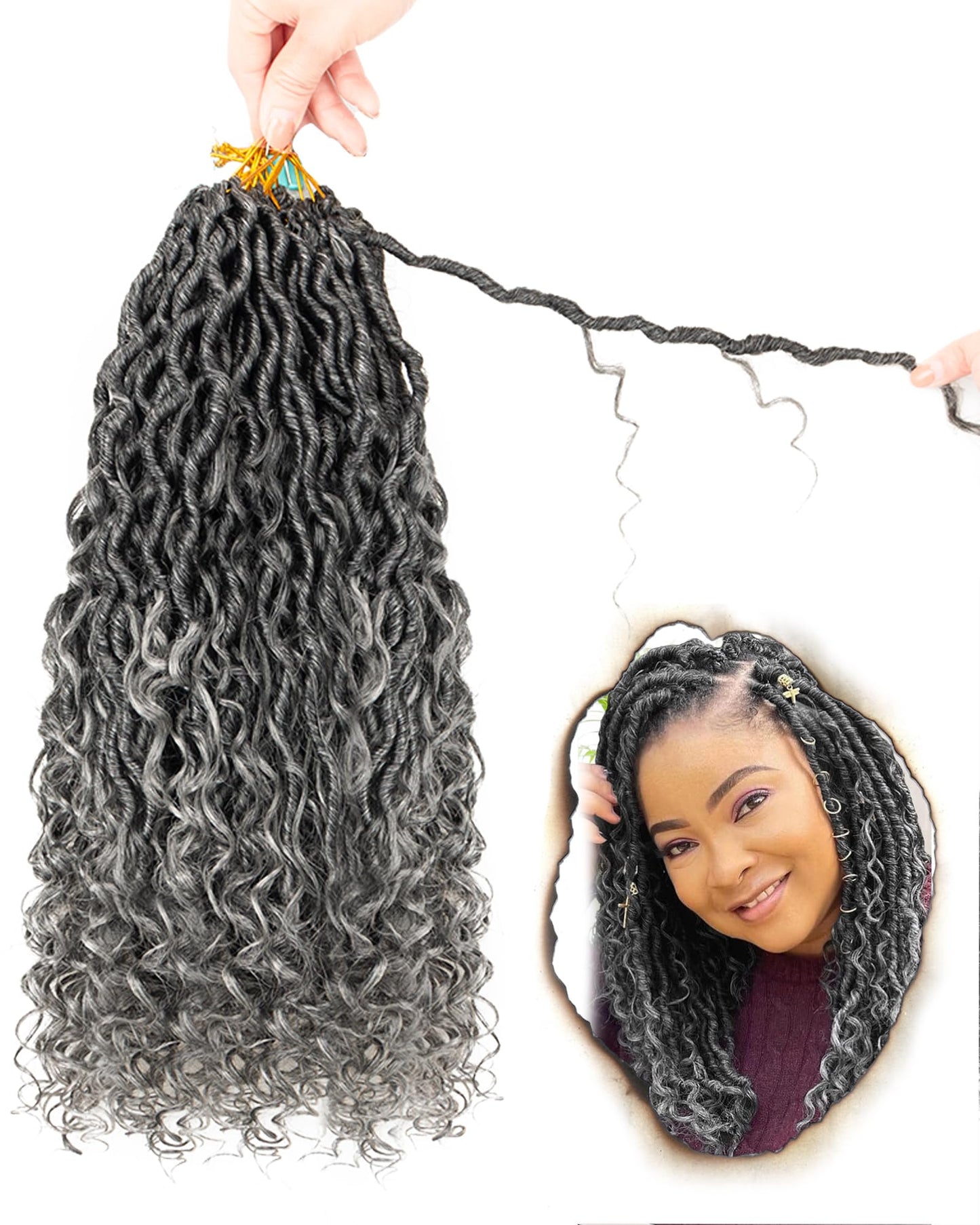 Goddess Locs Crochet Hair for Black Women,Salt and Pepper Pre Looped Faux Locs Crochet Hair with Curly Ends,Soft Synthetic Bohemian River Locs,14 Inch 8 Packs (TGray)