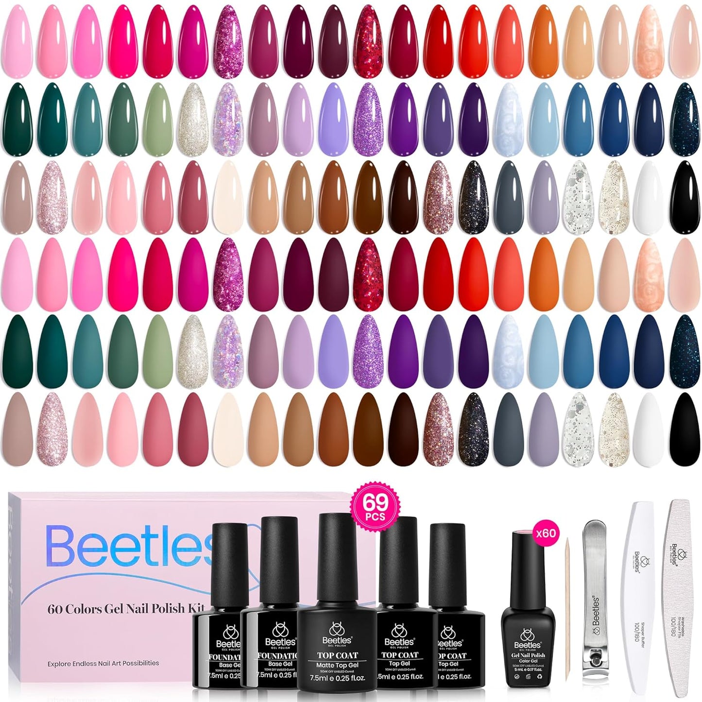 Beetles Gel Nail Polish Set - 60 Colors UV Gel Polish Kit | Vibrant Shades & Glitter for DIY Manicure