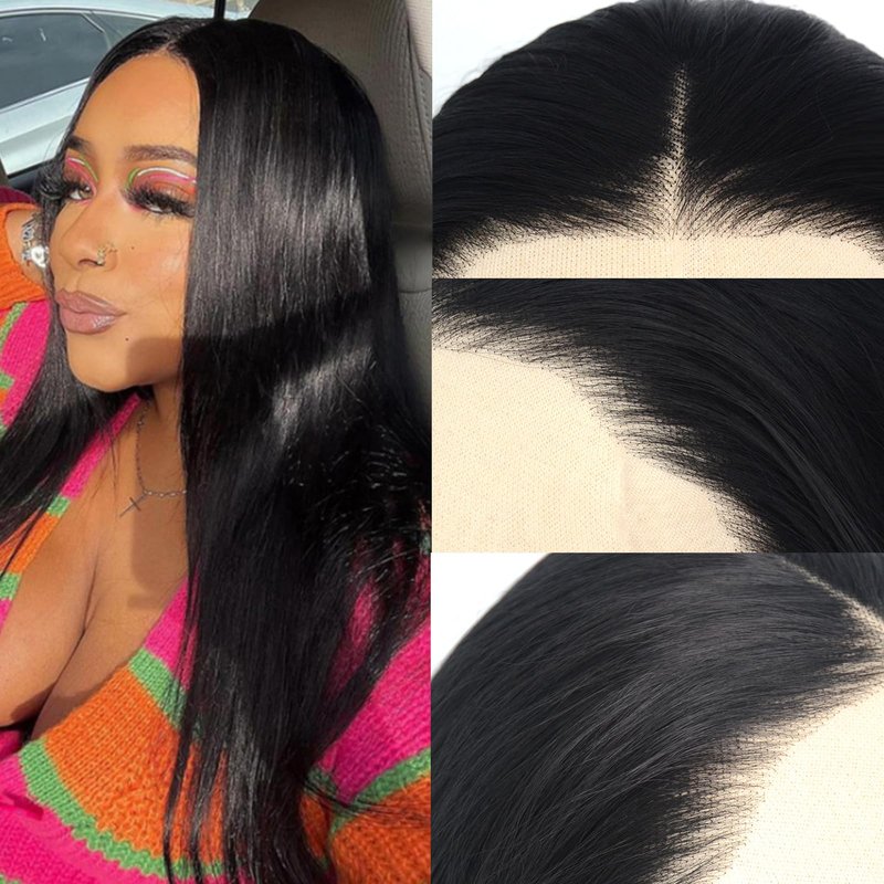 Jozlynn Black Synthetic Lace Front Wig Long Straight Preplucked Hairline Heat Resistant Glueless Wigs Free Parting for Women (Black, 22 inch)