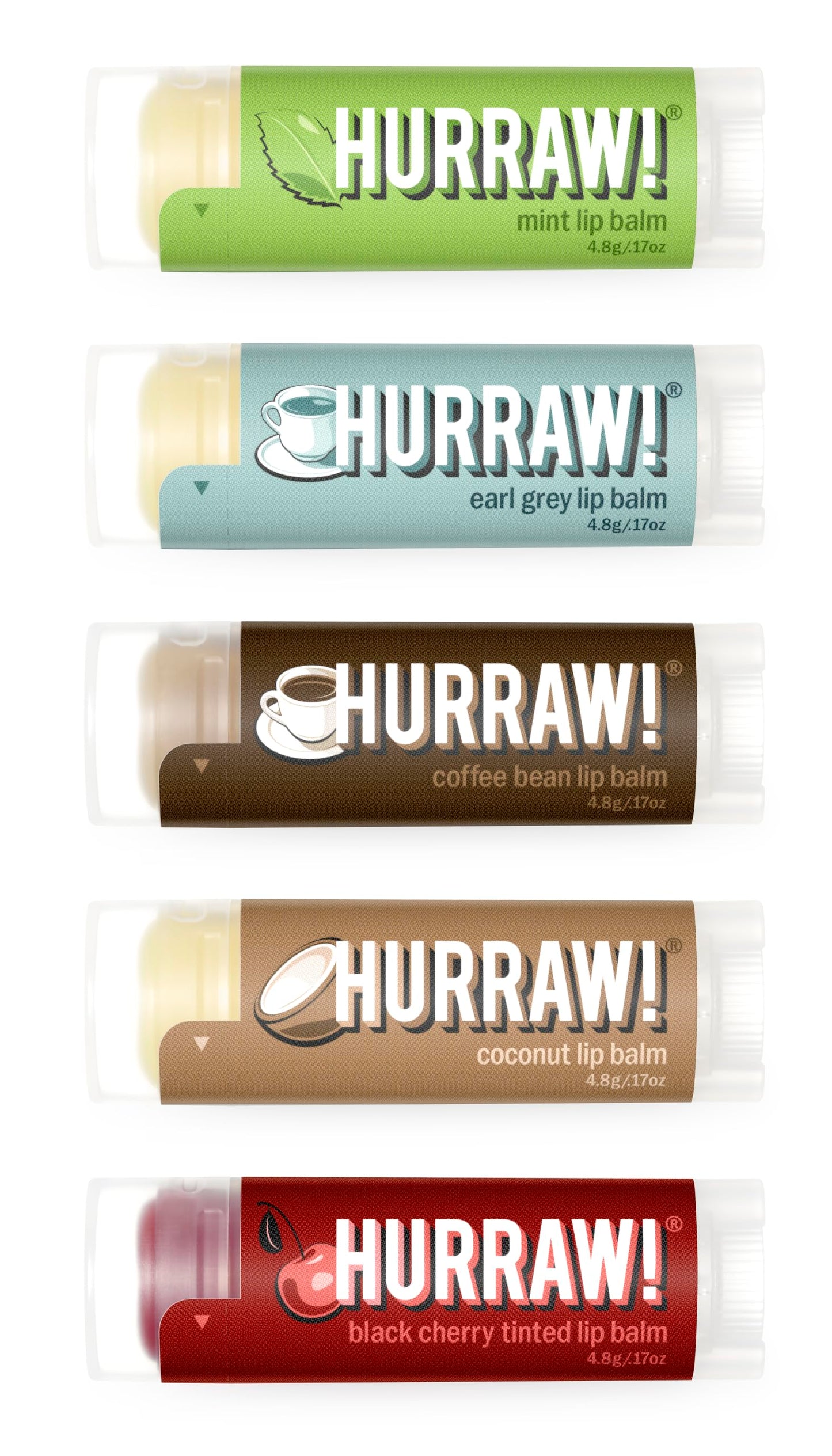 Hurraw! Lip Balms: Staff Favorites, 5 Balm Bundle Pack – Mint, Earl Grey, Coffee Bean, Coconut, Black Cherry (Sheer Red Tint). Organic, Certified Vegan, Cruelty & Gluten Free. All Natural. Made in USA