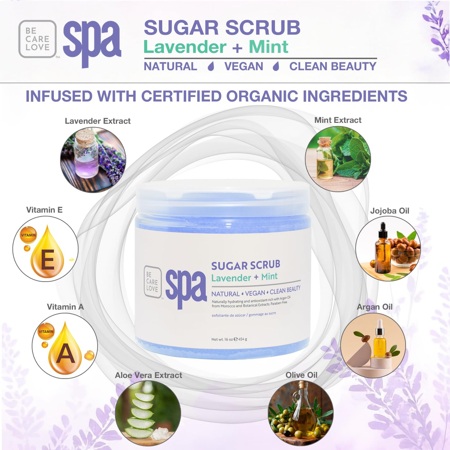 BCL Spa Calming Lavender Mint Sugar Scrub - Professional Soothing Body Scrub for Relaxation, Calming, Self Care Aromatherapy, Hydrating Exfoliator, Made in USA, 16 oz