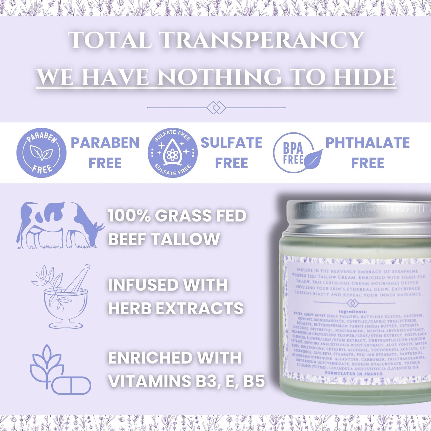 Seraphime Whipped Beef Tallow for Skin Care, Organic Pure Grass Fed Beef Tallow Moisturizer Cream for Face & Body Lotion, Cow Tallow with Niacinamide, Shea Butter & Aloe, Vanilla Lavender 4oz